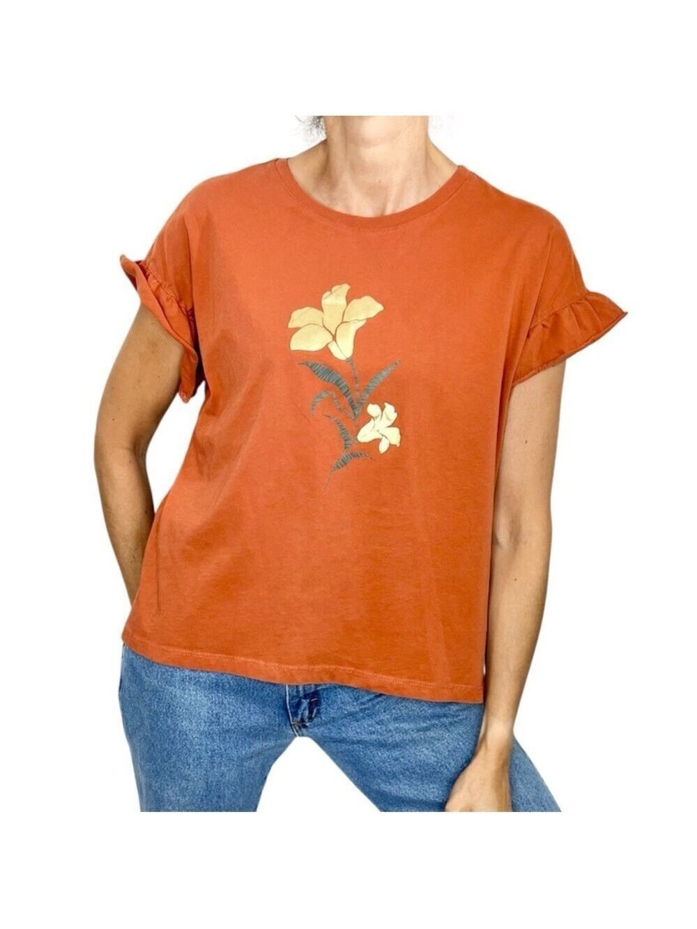 Boho pure cotton ruffle sleeve teracotta orange metallic gold lily t shirt L